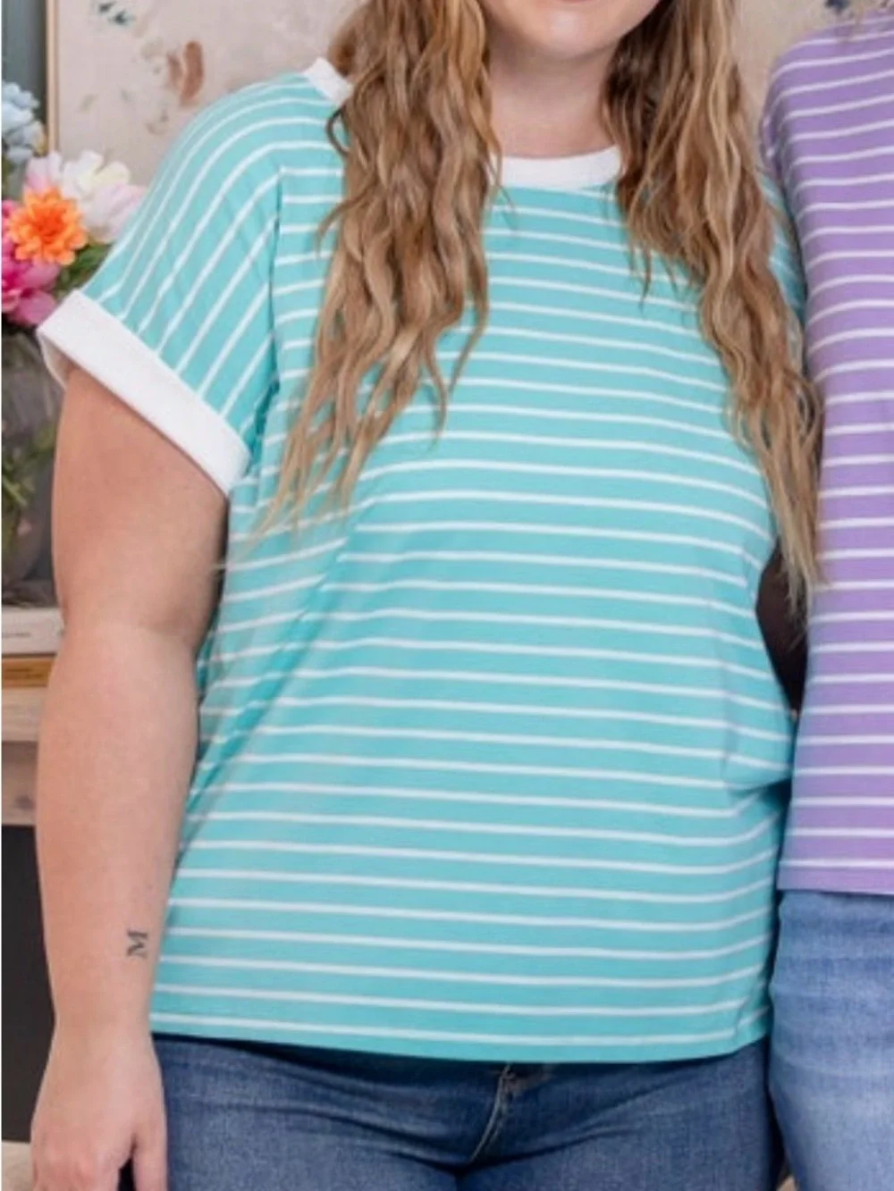 Contrast Trim Cap Sleeve Striped Mint Tee - Women. Small